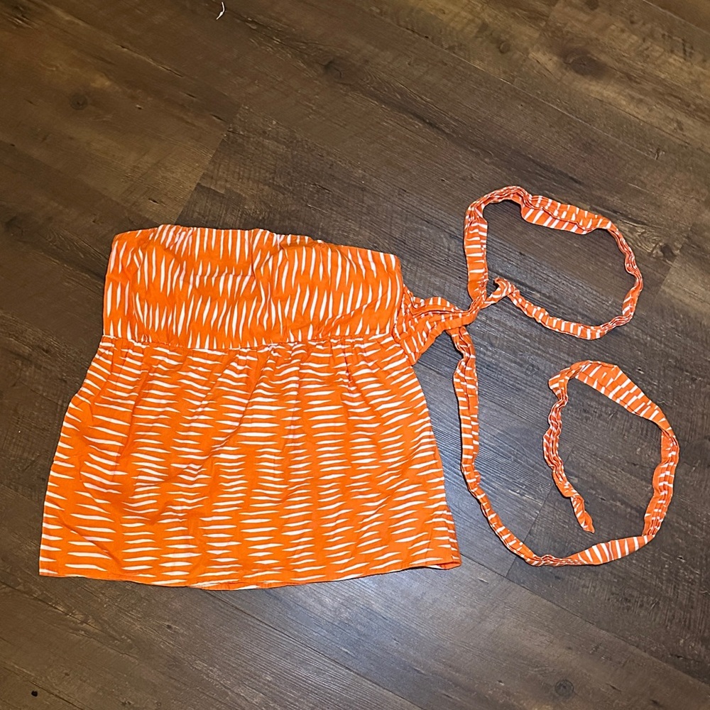 Anthropologie Orange and White Strapless Tank with Tie Straps